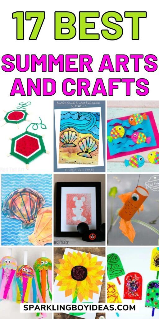 Table filled with summer arts and crafts supplies, including materials for summer camp art projects, DIY summer projects, and easy summer art projects for preschoolers.