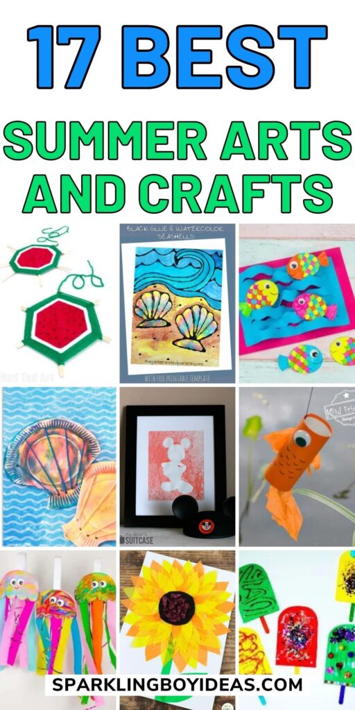 Table filled with summer arts and crafts supplies, including materials for summer camp art projects, DIY summer projects, and easy summer art projects for preschoolers.