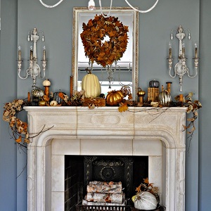 French country style rustic fall mantel metallic white gold fall leaves natural elements neutral DIY how to idea