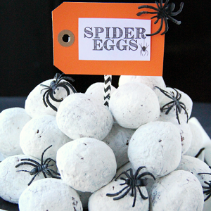 Donut hole Spider Eggs Halloween Food Halloween Appetizer FamilyFreshMeals.com