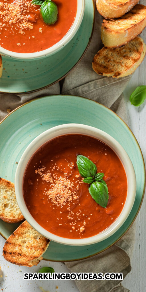 Homemade and creamy tomato soup with basil and toasts