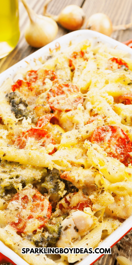 Easy Cheesy Pasta Chicken Broccoli Casserole perfect for weeknight dinners