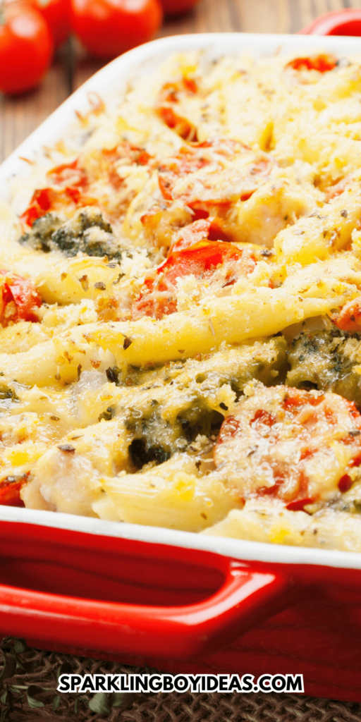 Easy Cheesy Pasta Chicken Broccoli Casserole perfect for weeknight dinners