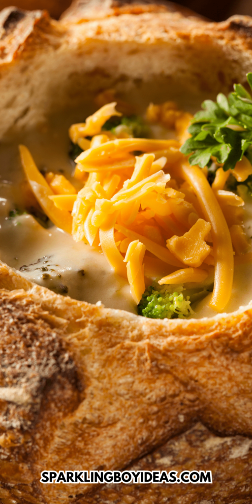 easy creamy crockpot broccoli cheddar soup in a bread bowl is comfort soup perfect for weeknight dinners or family dinners on a budget