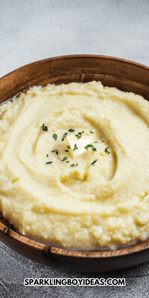 Boiled Potato Puree, Mashed Potatoes in a Wooden Plate. White Background