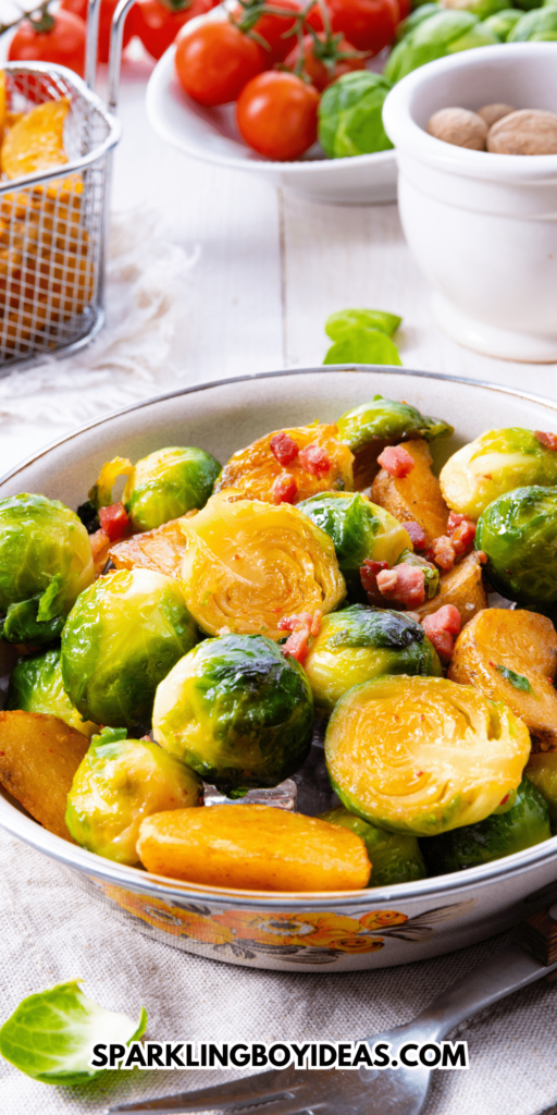 oven honey roasted Brussels sprouts with bacon and potatoes can be served as a Thanksgiving side dish or Christmas main dish