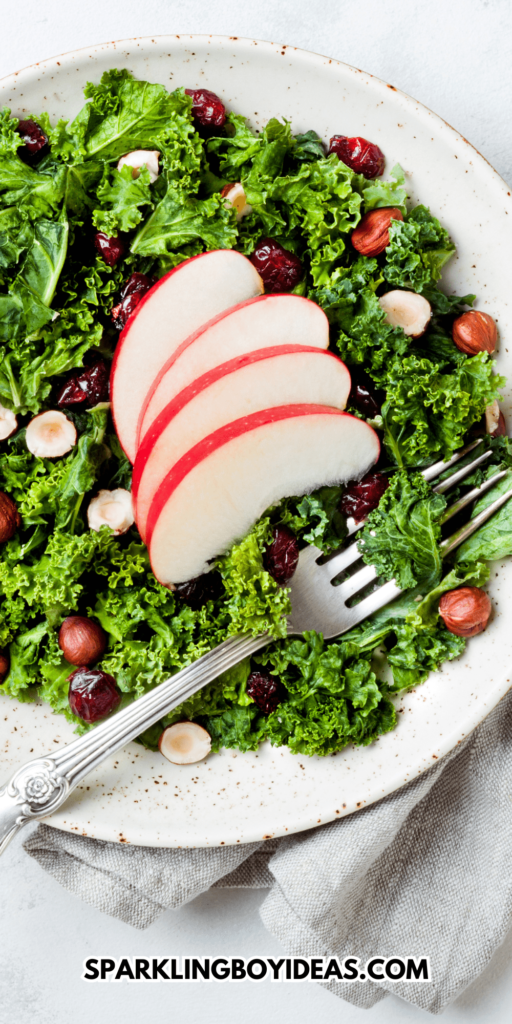 easy healthy Kale Hazelnut Cranberry Salad for Thanksgiving, fall, and Christmas