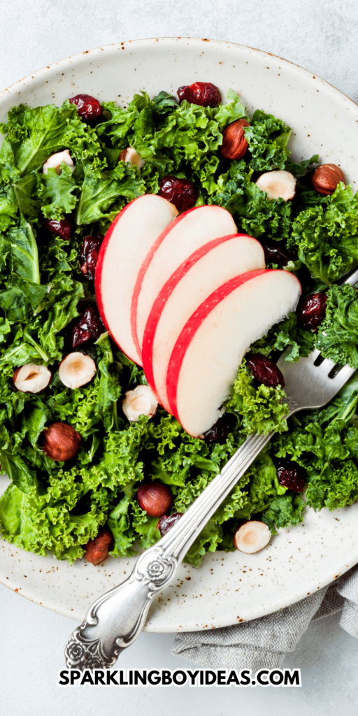 easy healthy Kale Hazelnut Cranberry Salad for Thanksgiving, fall, and Christmas
