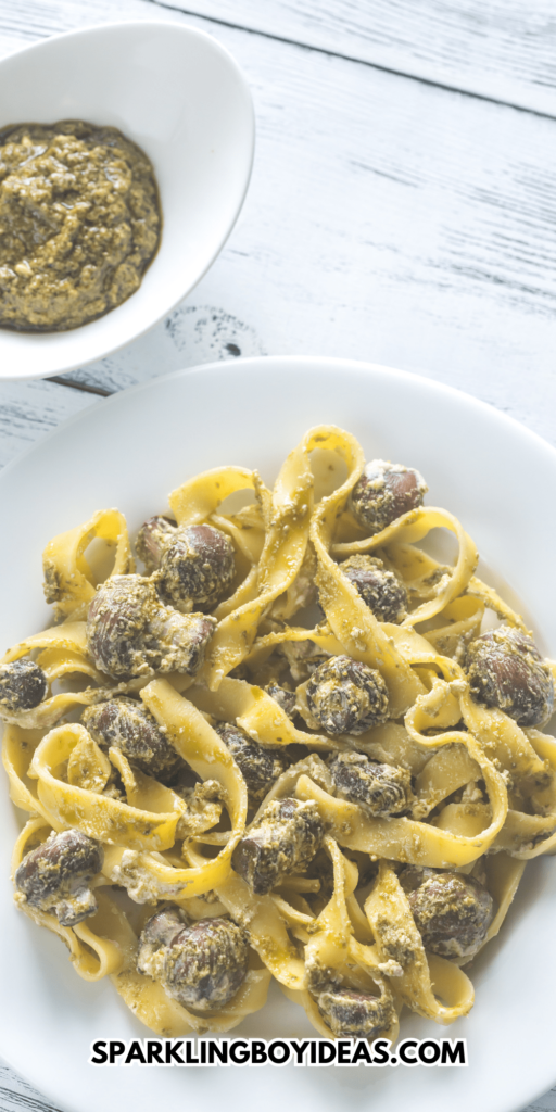 easy pesto mushroom pasta recipe for weeknight dinners or family-friendly dinners