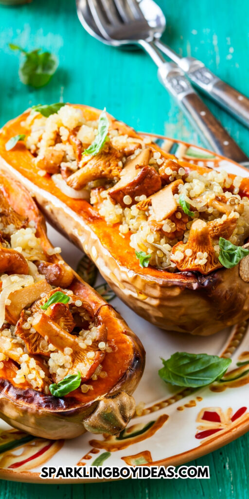 easy homemade quinoa stuffed butternut squash for fall and thanksgiving dinner