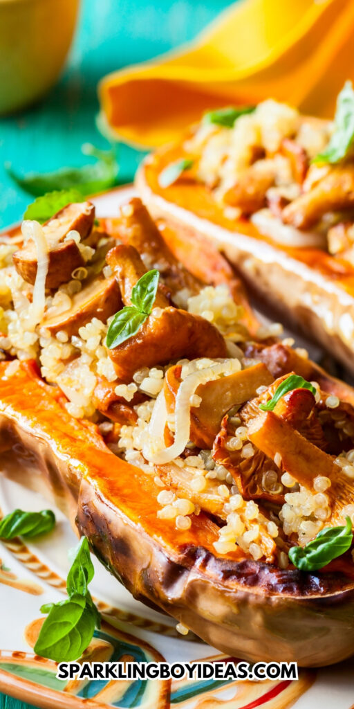 easy homemade quinoa stuffed butternut squash for fall and thanksgiving dinner