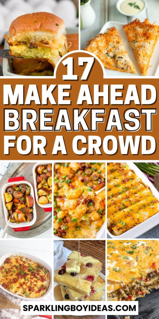 A spread of various breakfast dishes for a crowd, including breakfast casserole, pancakes, and a colorful breakfast smoothie.
