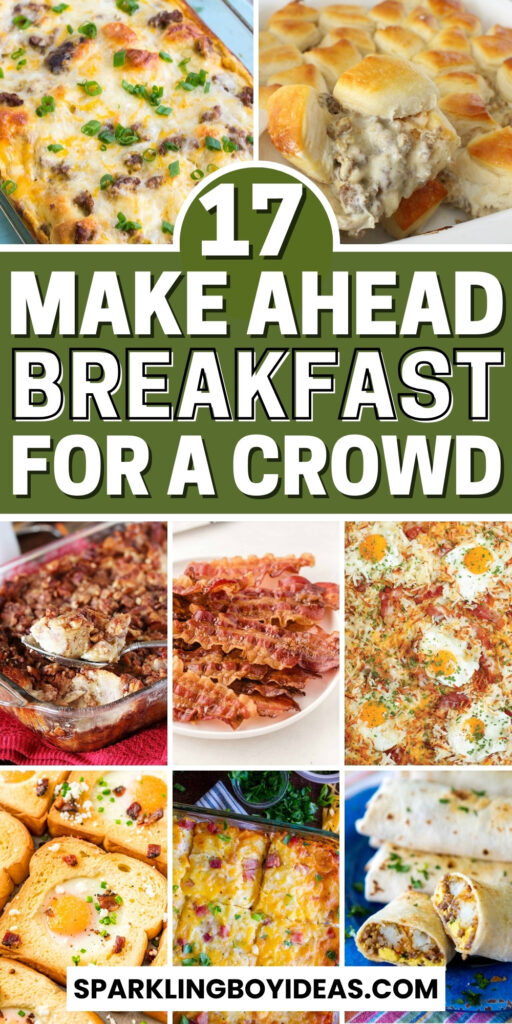 A spread of various breakfast dishes for a crowd, including breakfast casserole, pancakes, and a colorful breakfast smoothie.