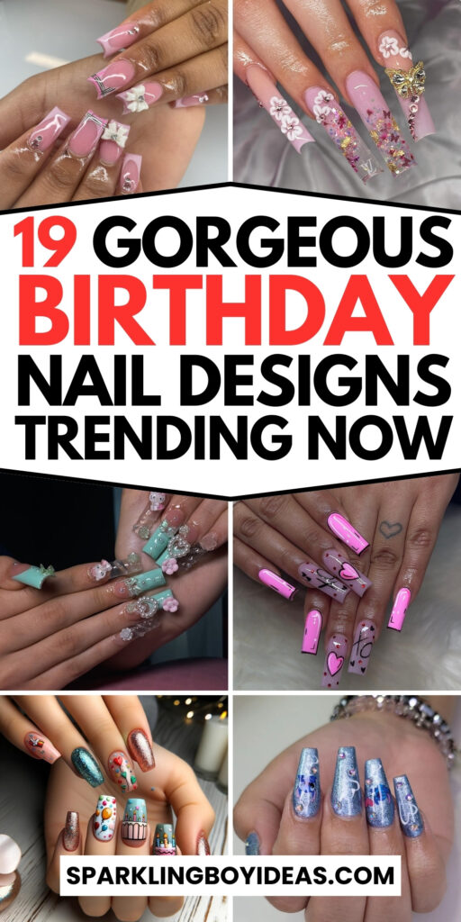 A stunning pink, gold, and black birthday nail design with glitter accents, short nail art, and trendy chrome nail inspiration.