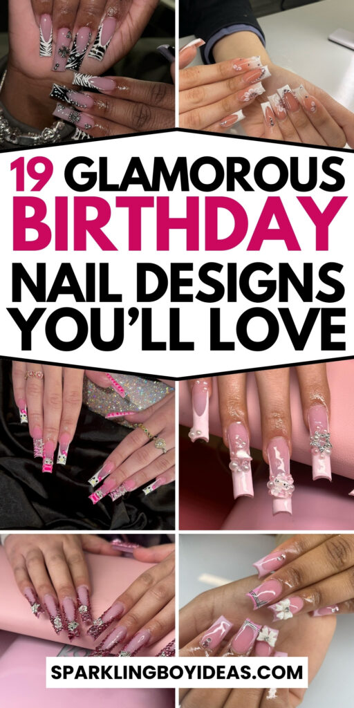 A stunning pink, gold, and black birthday nail design with glitter accents, short nail art, and trendy chrome nail inspiration.