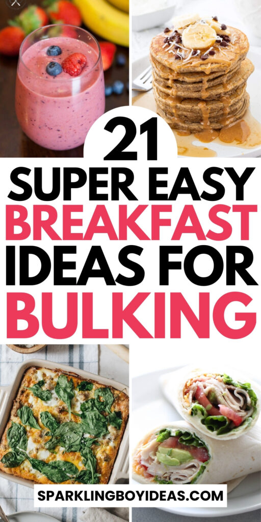 A nutritious spread of bulking breakfast meals showcasing high-protein, high-calorie dishes like oatmeal, eggs, and smoothies, perfect for muscle gain and energy.