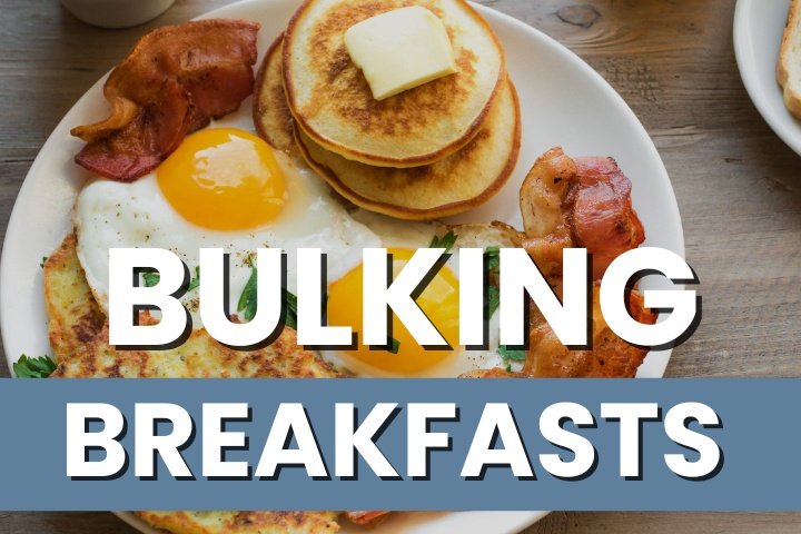 A nutritious spread of bulking breakfast meals showcasing high-protein, high-calorie dishes like oatmeal, eggs, and smoothies, perfect for muscle gain and energy.