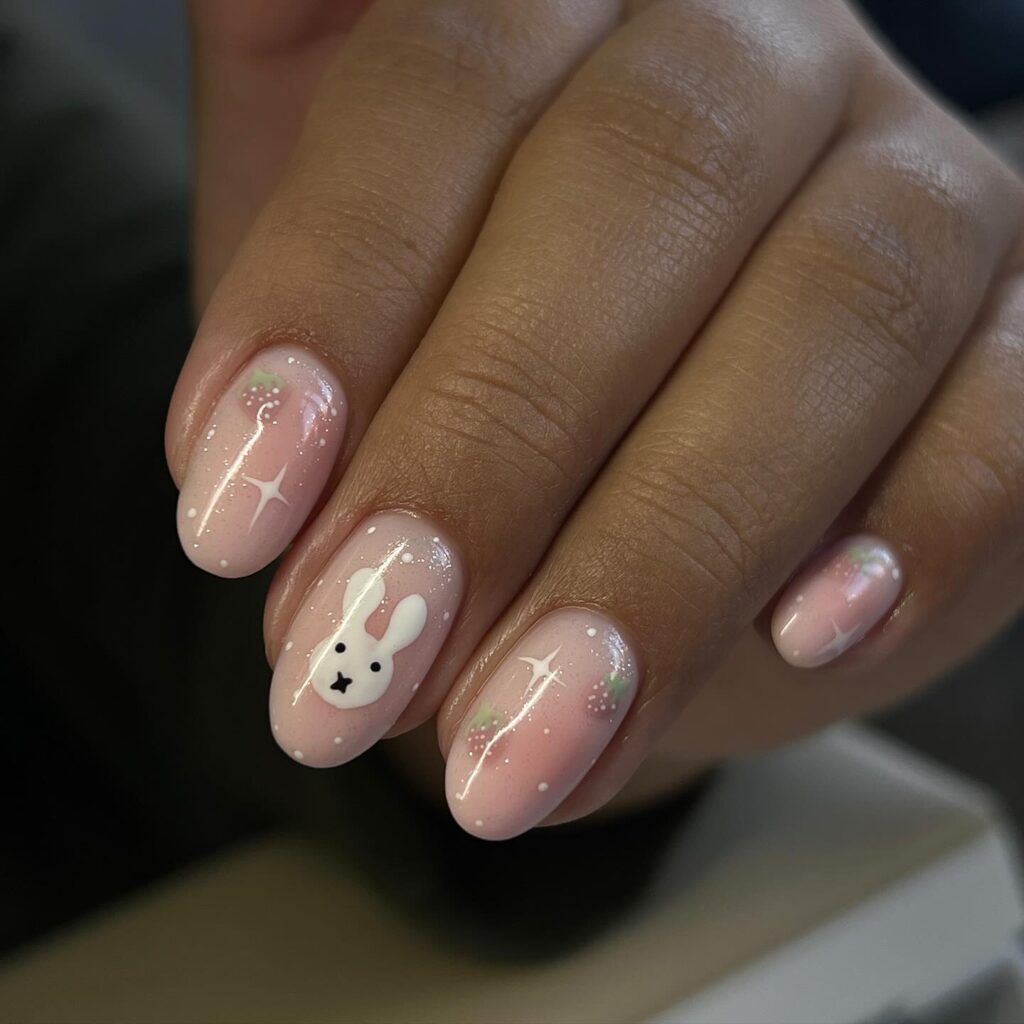 Charming bunny nail art in 'funny bunny' and 'bubble bath' shades, perfect for Easter nails.