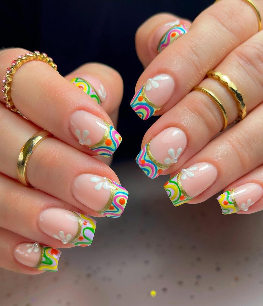 Vibrant spring nail art featuring 3D floral designs, pastel gradients, and playful abstract patterns, perfect for a fresh and stylish spring look