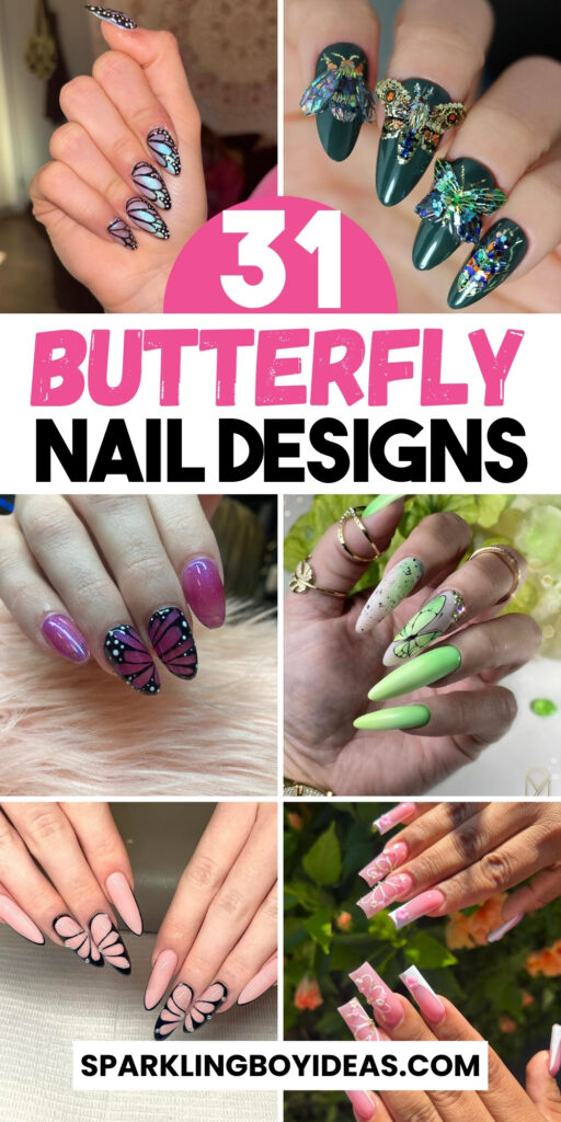 A stunning display of butterfly nails featuring pink, blue, and purple designs on acrylic and coffin nails.