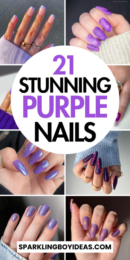 A stunning collection of purple nails in various shades from light purple to dark purple, showcasing elegant designs and polishes.