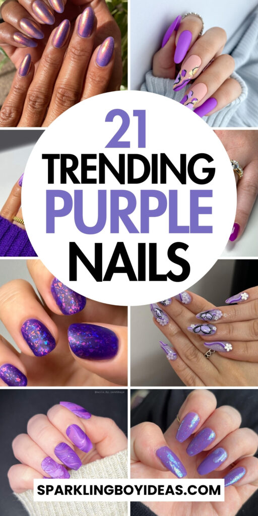 A stunning collection of purple nails in various shades from light purple to dark purple, showcasing elegant designs and polishes.