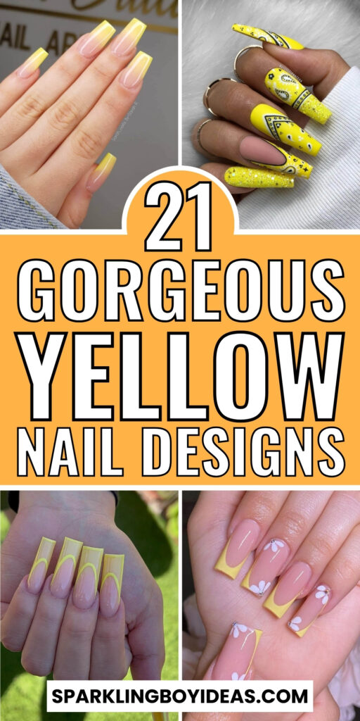 A vibrant display of yellow nails with a mix of neon yellow, yellow french nails, and yellow nail designs for summer.