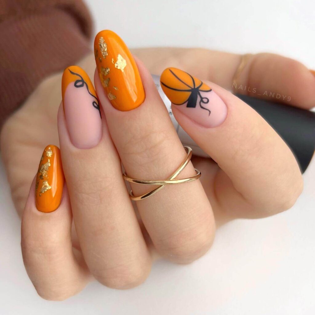 trendy summer nails with a range of orange shades including neon, burnt, and glitter finishes, ideal for seasonal flair.