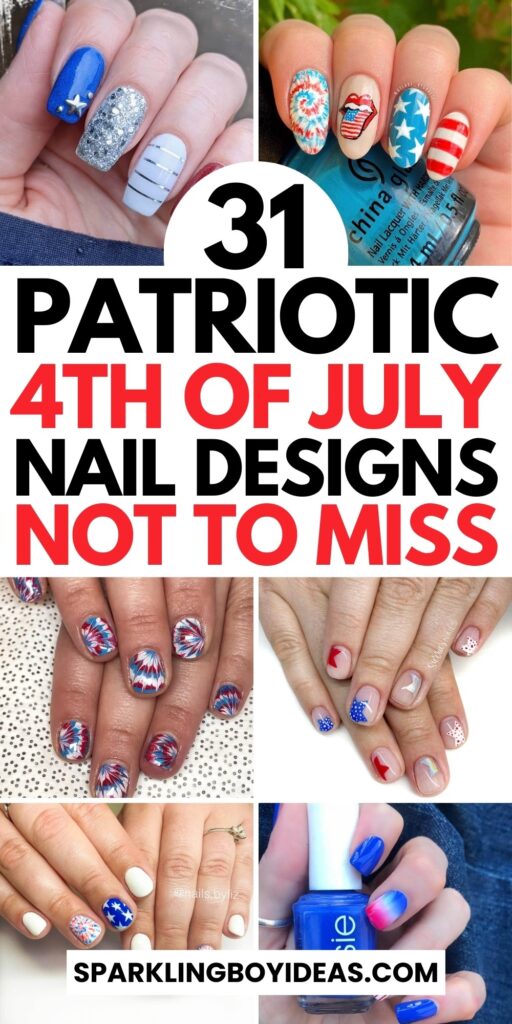 Colorful 4th of July nails featuring stars, stripes, and glitter in red, white, and blue.