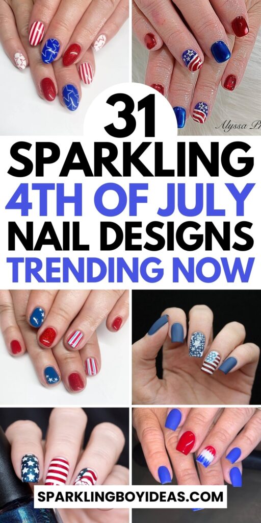 Colorful 4th of July nails featuring stars, stripes, and glitter in red, white, and blue.