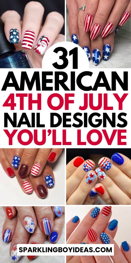 Colorful 4th of July nails featuring stars, stripes, and glitter in red, white, and blue.