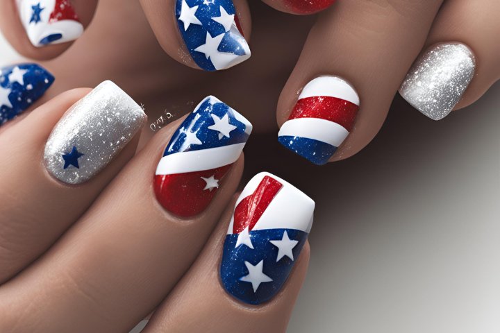 Colorful 4th of July nail designs featuring stars, stripes, and glitter in red, white, and blue.