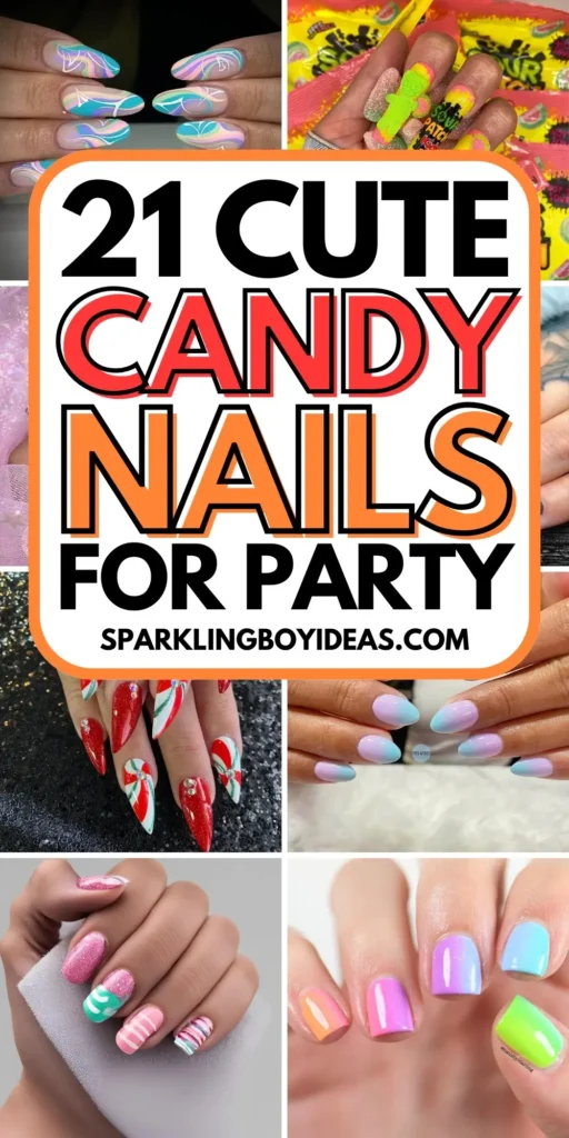 Close-up of candy nails featuring candy cane designs, lollipop nails, and candy corn nails with vibrant colors and intricate patterns.