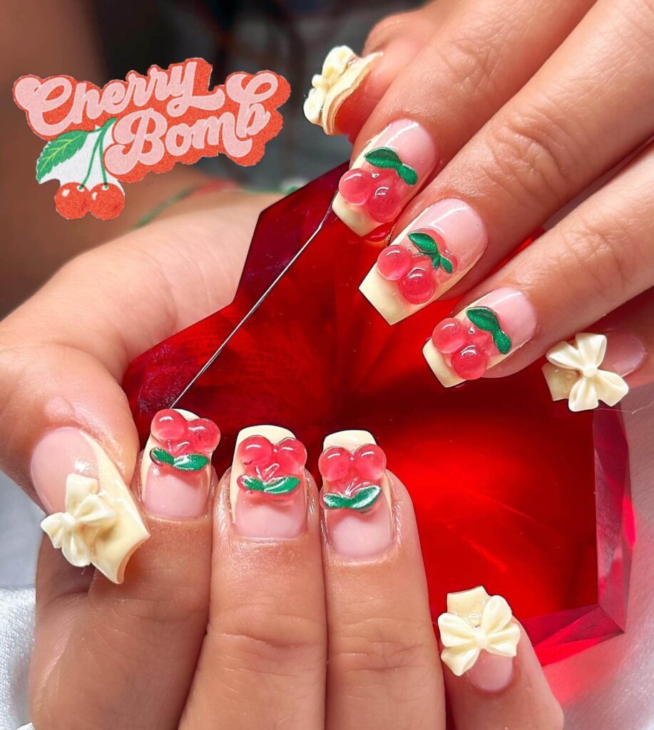 Close-up of candy nails featuring candy cane designs, lollipop nails, and candy corn nails with vibrant colors and intricate patterns.