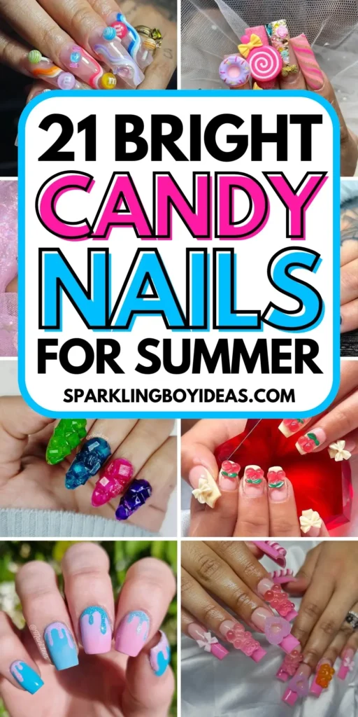 Close-up of candy nails featuring candy cane designs, lollipop nails, and candy corn nails with vibrant colors and intricate patterns.