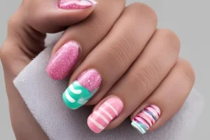 Close-up of candy nails featuring candy cane designs, lollipop nails, and candy corn nails with vibrant colors and intricate patterns.