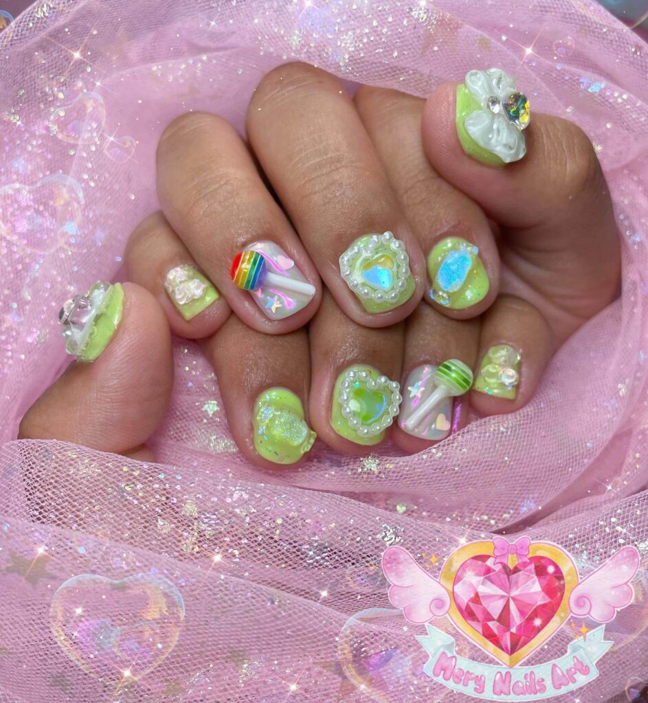 Close-up of candy nails featuring candy cane designs, lollipop nails, and candy corn nails with vibrant colors and intricate patterns.