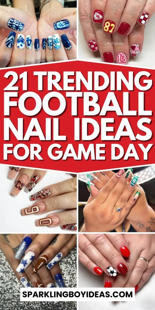 Variety of football nail designs including blue football nails, Celtic FC nails, and football acrylic nails with team logos.