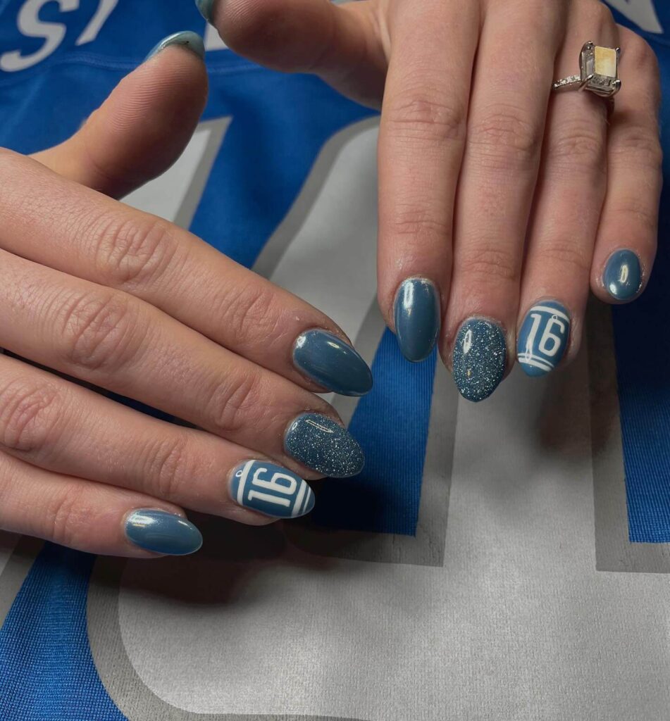 Variety of football nail designs including blue football nails, Celtic FC nails, and football acrylic nails with team logos.