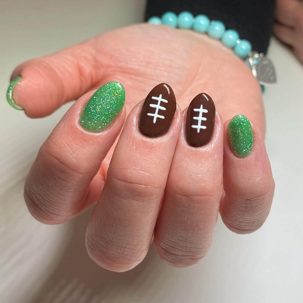 Variety of football nail designs including blue football nails, Celtic FC nails, and football acrylic nails with team logos.