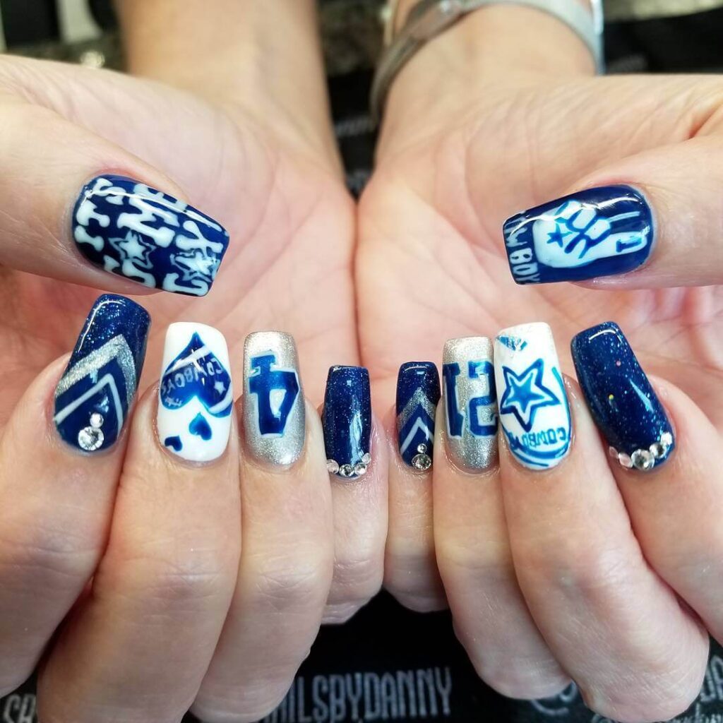 Variety of football nail designs including blue football nails, Celtic FC nails, and football acrylic nails with team logos.