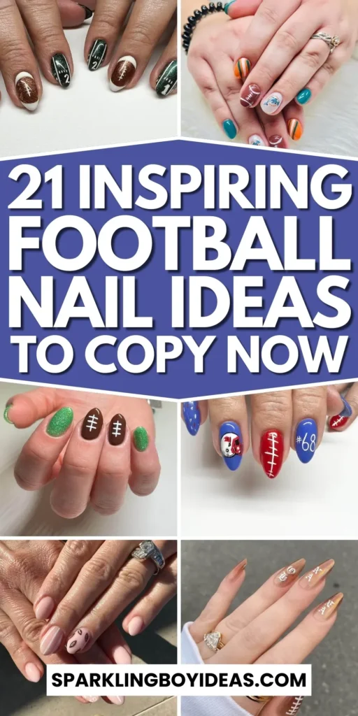 Variety of football nail designs including blue football nails, Celtic FC nails, and football acrylic nails with team logos.