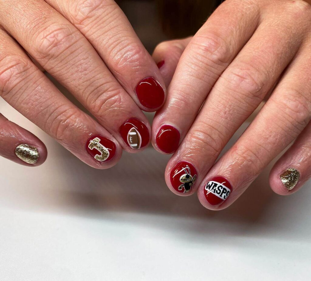 Variety of football nail designs including blue football nails, Celtic FC nails, and football acrylic nails with team logos.