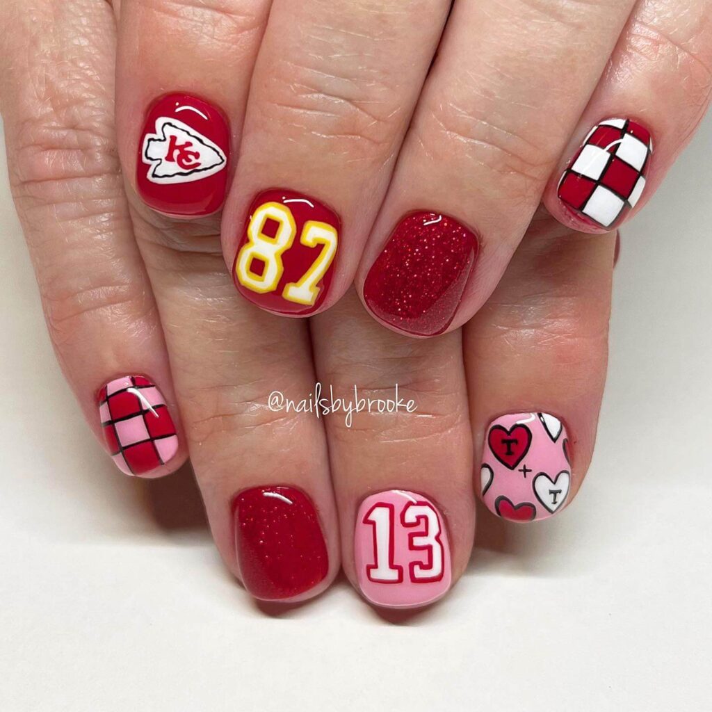 Variety of football nail designs including blue football nails, Celtic FC nails, and football acrylic nails with team logos.