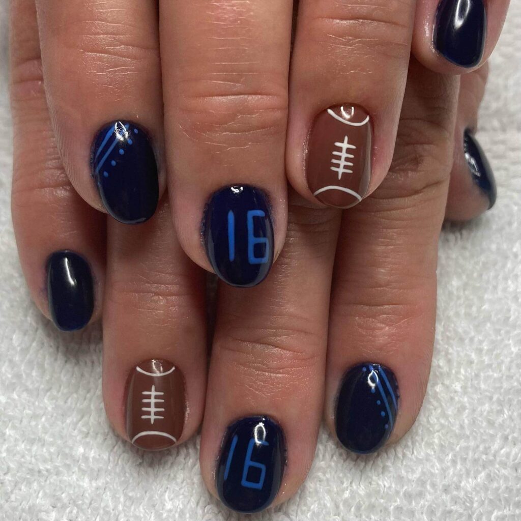 Variety of football nail designs including blue football nails, Celtic FC nails, and football acrylic nails with team logos.