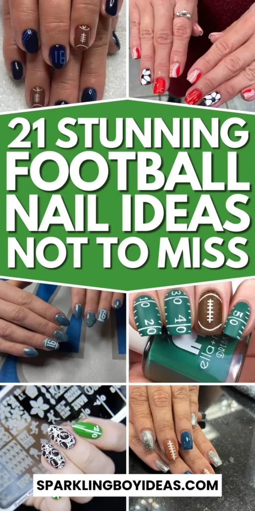 Variety of football nail designs including blue football nails, Celtic FC nails, and football acrylic nails with team logos.