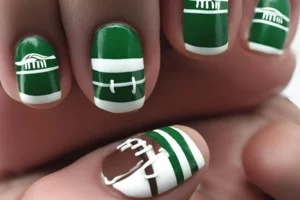 Variety of football nail designs including blue football nails, Celtic FC nails, and football acrylic nails with team logos.