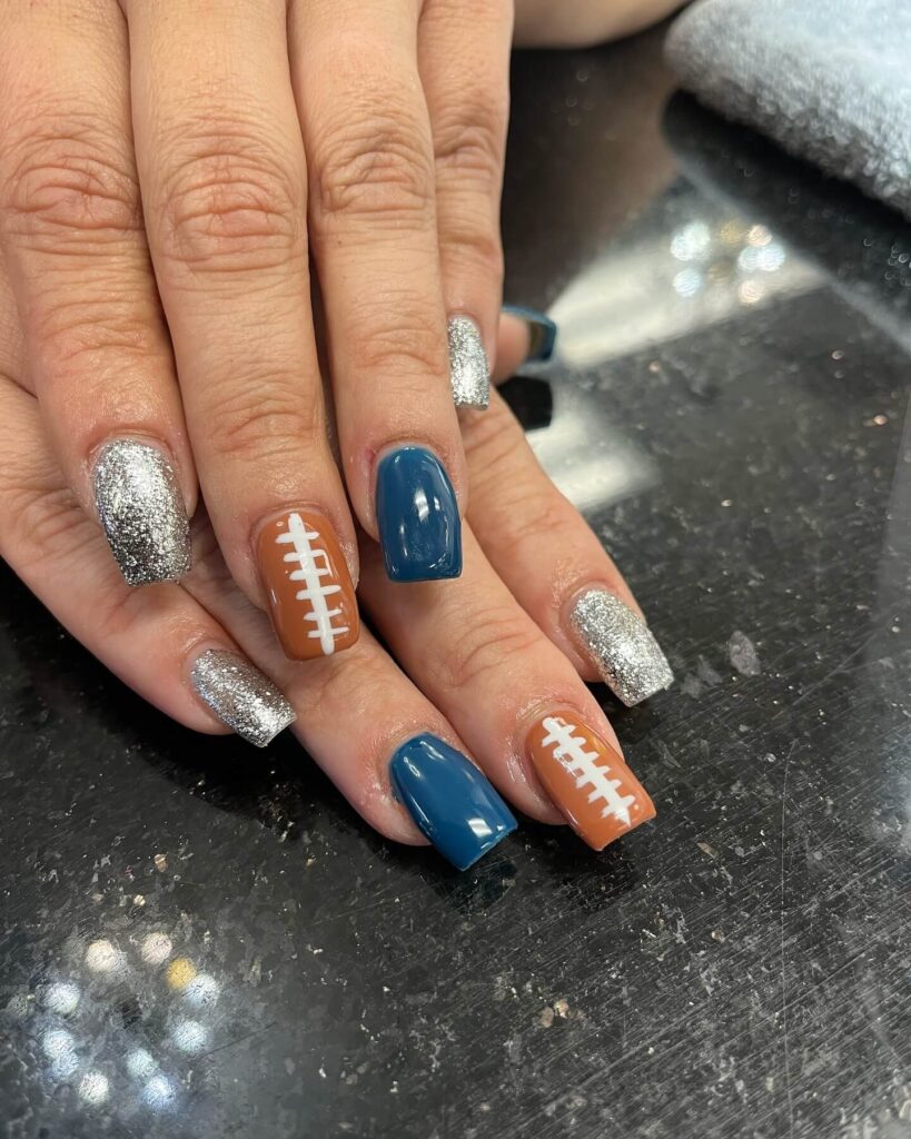 Variety of football nail designs including blue football nails, Celtic FC nails, and football acrylic nails with team logos.