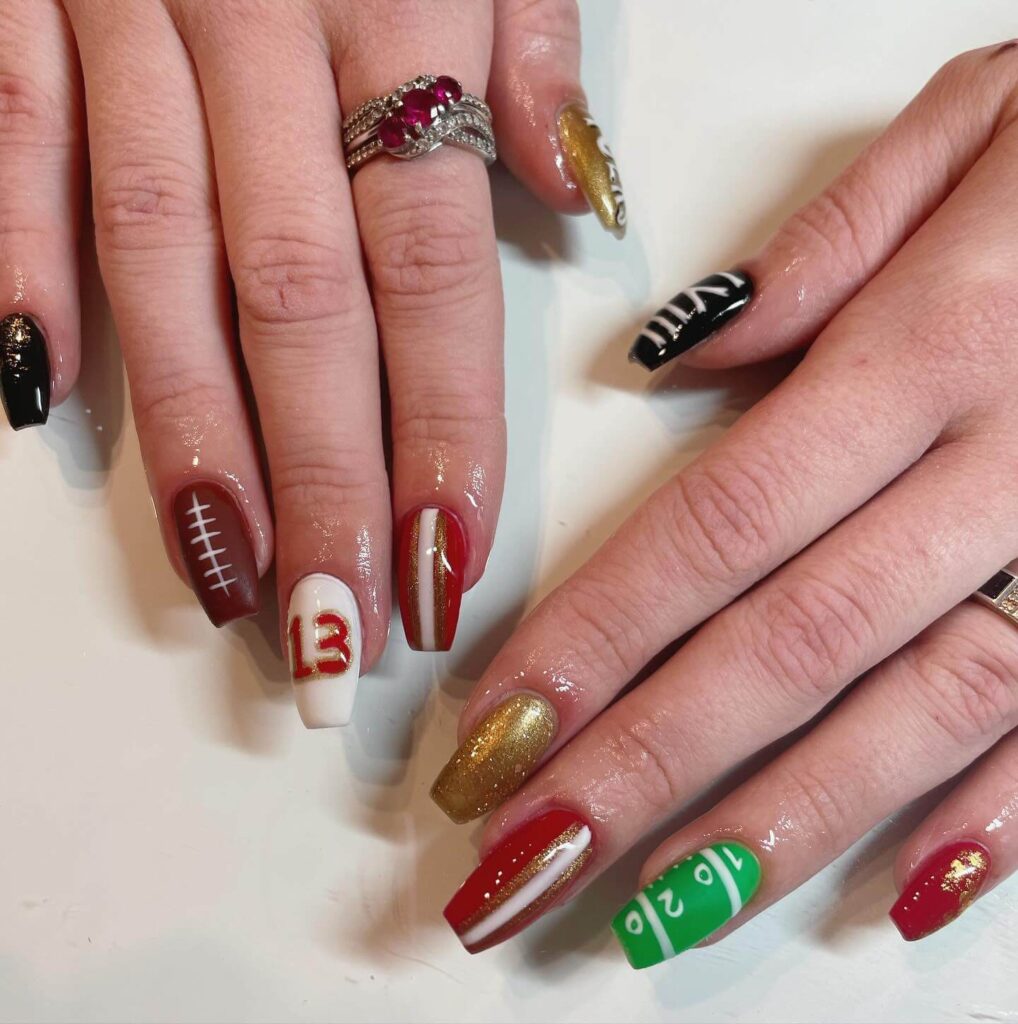 Variety of football nail designs including blue football nails, Celtic FC nails, and football acrylic nails with team logos.