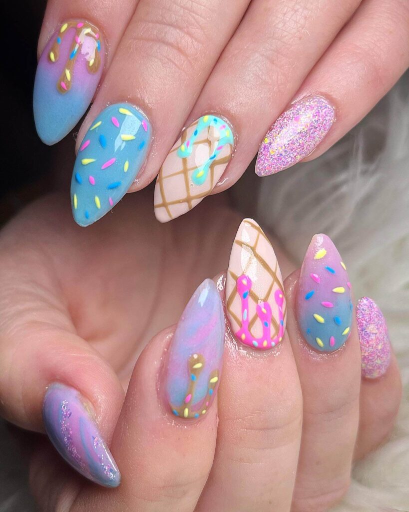 A collection of ice cream nails featuring gelato nails, beach nails, and trending summer nail colors in vibrant, sweet designs.